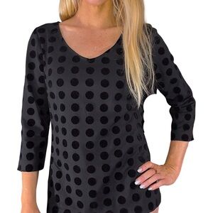 ANN TAYLOR Black Velvet Polka Dot V-Neck Blouse w/ 3/4‎ Sleeve